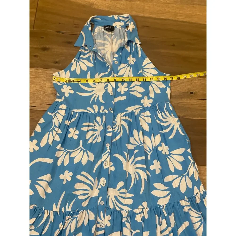 Nicole Miller Linen‑Blend Blue Floral Button‑Front Dress Size XS Loose Fit